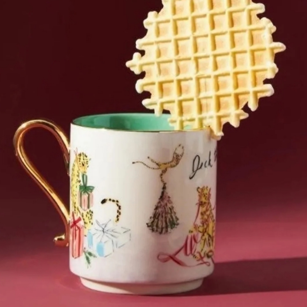Anthropologie Susannah Garrod Tis the Season Mug- Deck the Halls/Leopard